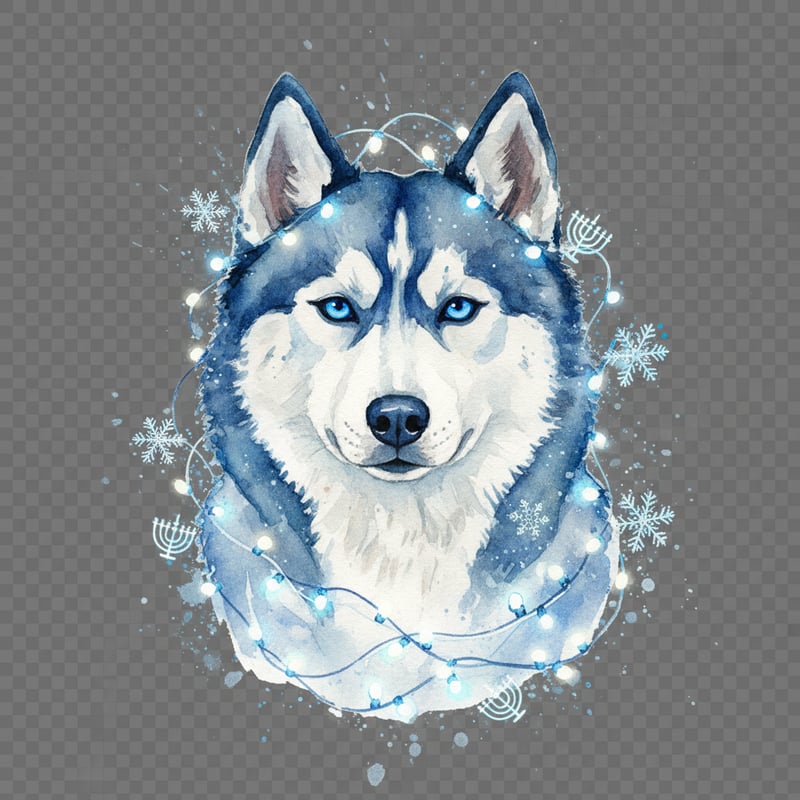 Watercolor Husky with Hanukkah Lights