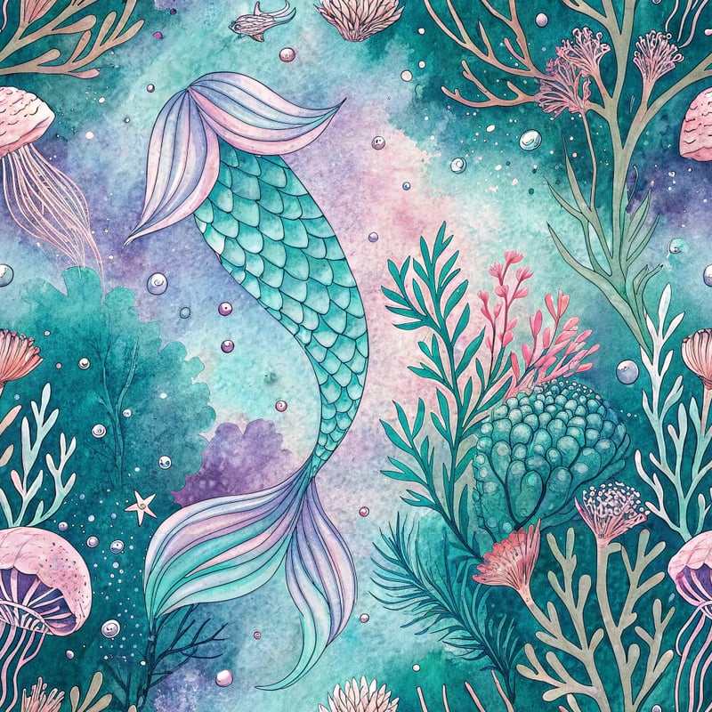 Watercolor Mermaid Tail Undersea Scene