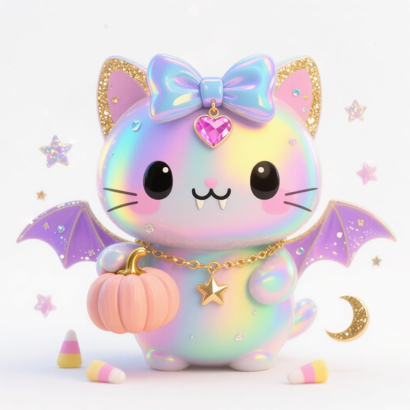 Kawaii Holographic Bat with Pastel Pumpkin