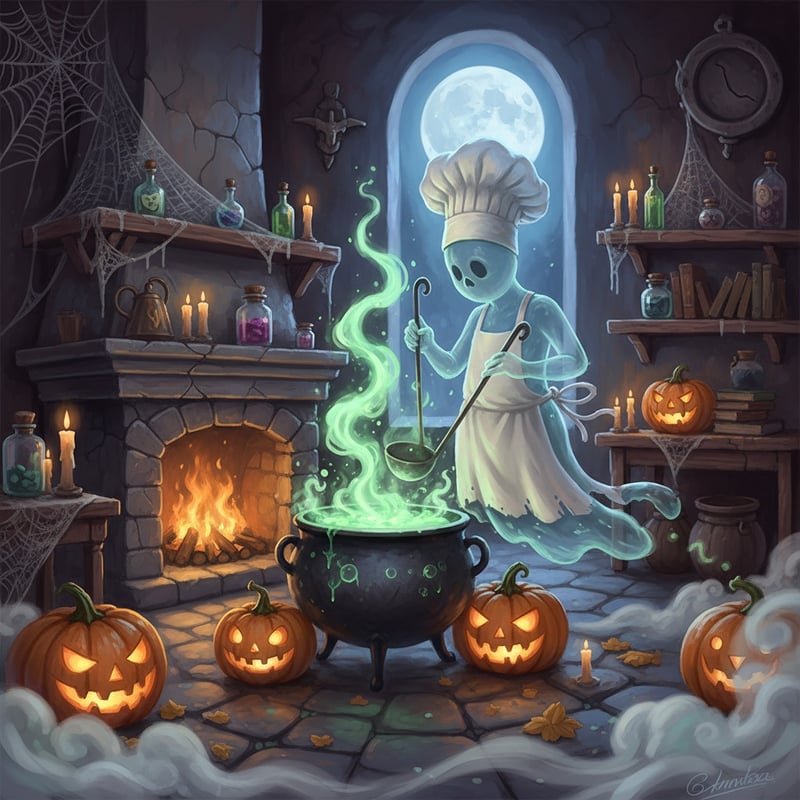 Whimsical Halloween Ghost Chef Illustration