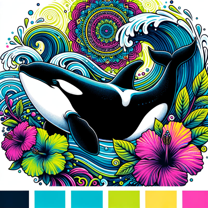 Vibrant Killer Whale with Mandala Waves