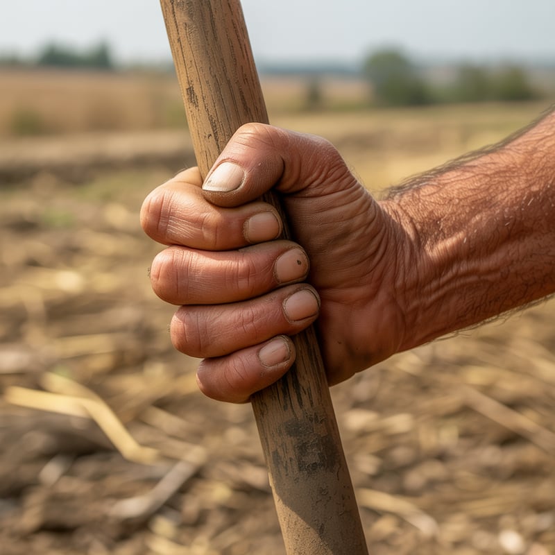 Weathered Hands Holding Shovel