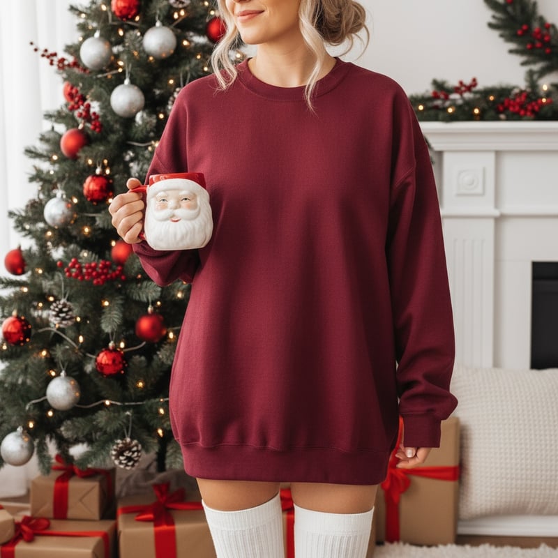 Maroon Oversized Sweatshirt Holiday Photo