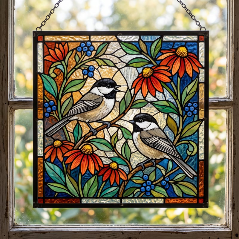 Square Stained Glass Chickadee Illustration