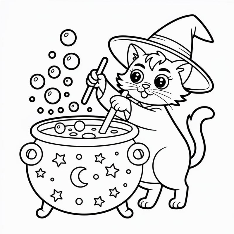 Kawaii Witch Cat Halloween Coloring