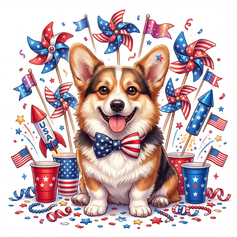 Festive Corgi with Patriotic Accessories