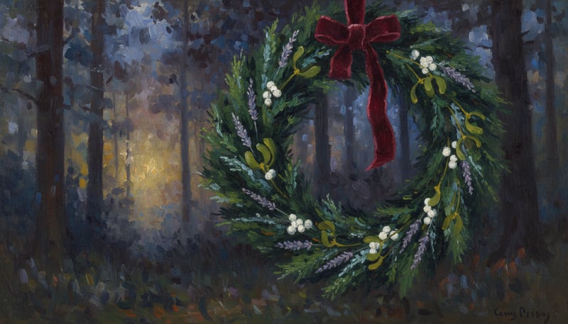 Evergreen Wreath with Mistletoe Painting