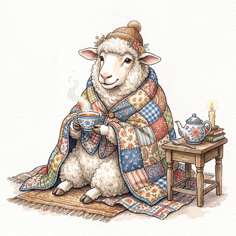 Whimsical Sheep with Teacup Illustration