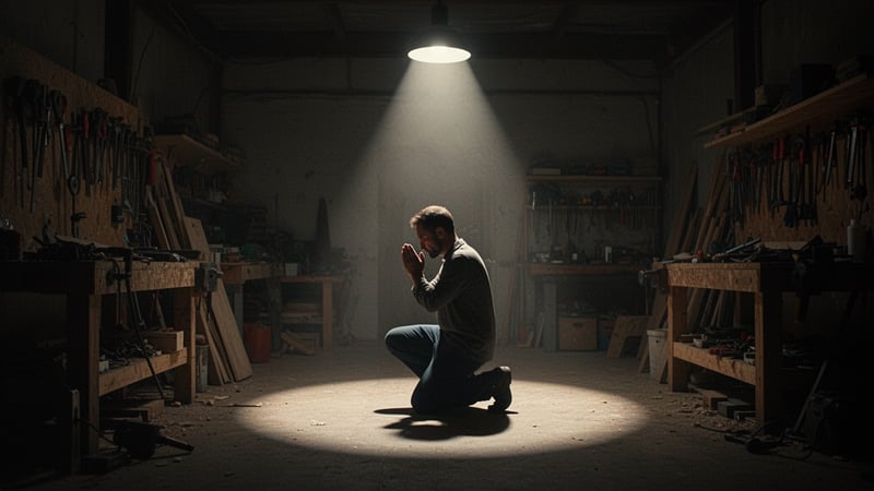 Man Praying Silhouette in Workshop