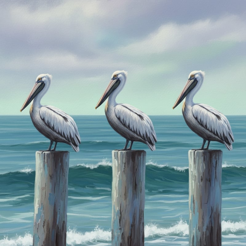 Coastal Scene with Pelicans on Wooden Pylons