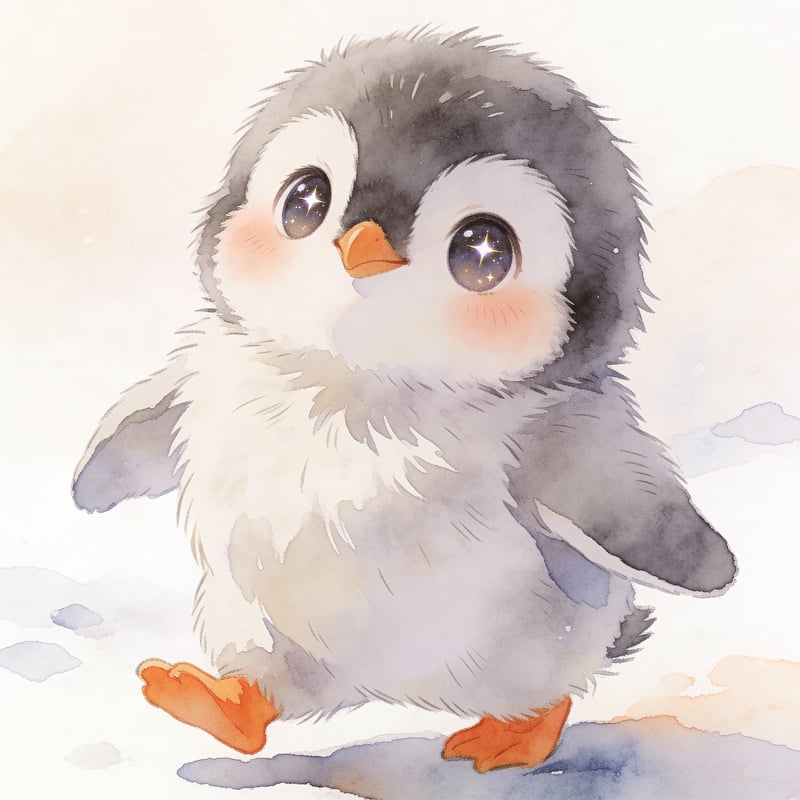 Fluffy Baby Penguin in Watercolor