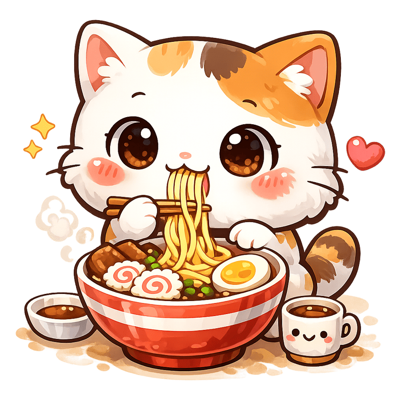 Cute Kawaii Cat Eating Noodles