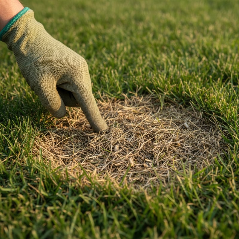 Gloved Hand Pointing to Dead Grass Patch