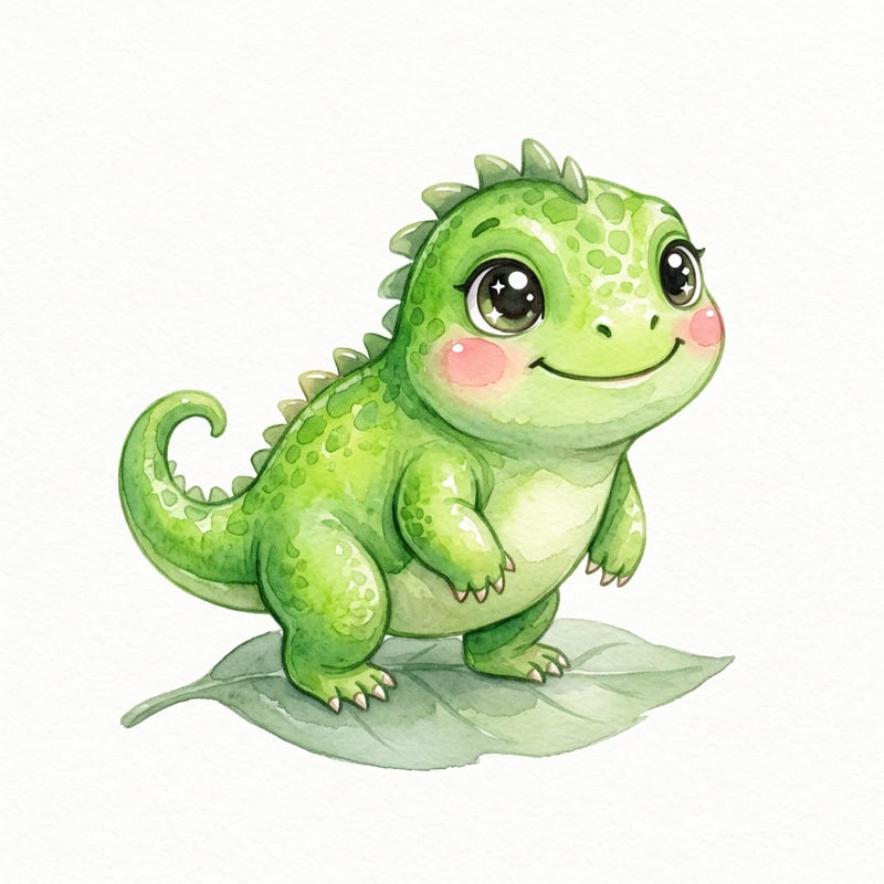 Cute Baby Iguana Watercolor Illustration