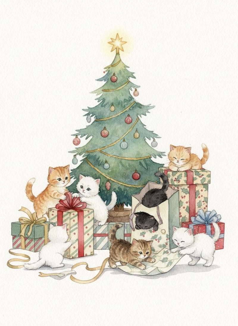 Watercolor Christmas Tree with Kittens