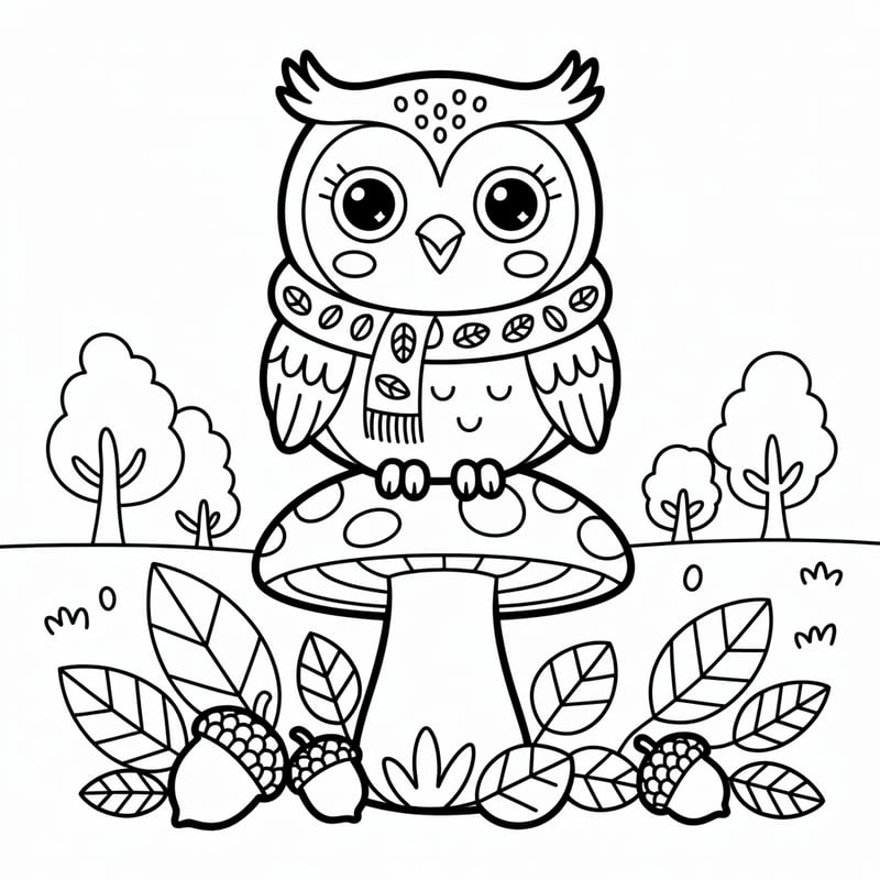 Kawaii Fall Woodland Owl Line Art
