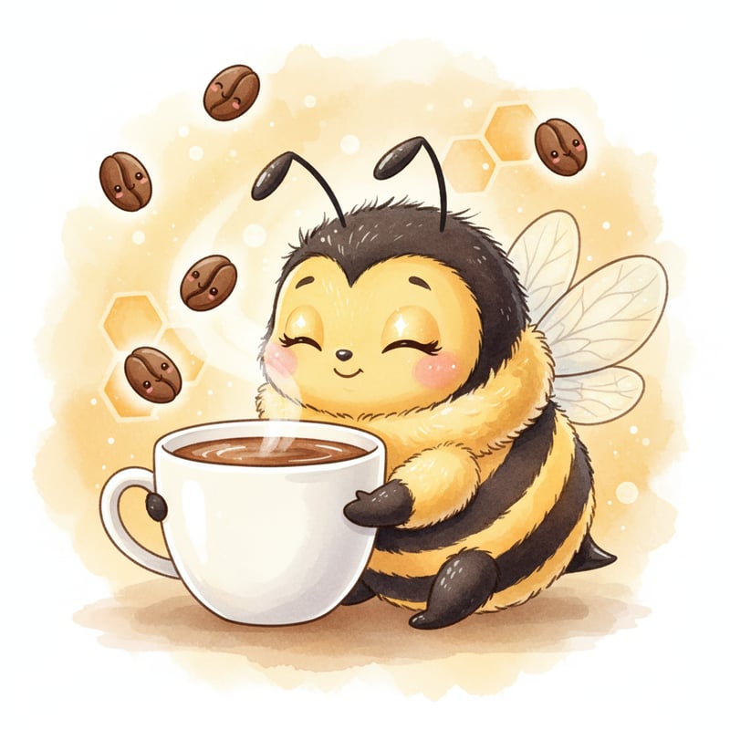 Whimsical Cartoon Bee Hugging Coffee