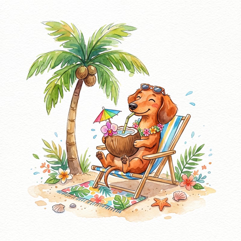 Whimsical Dachshund with Coconut Drink