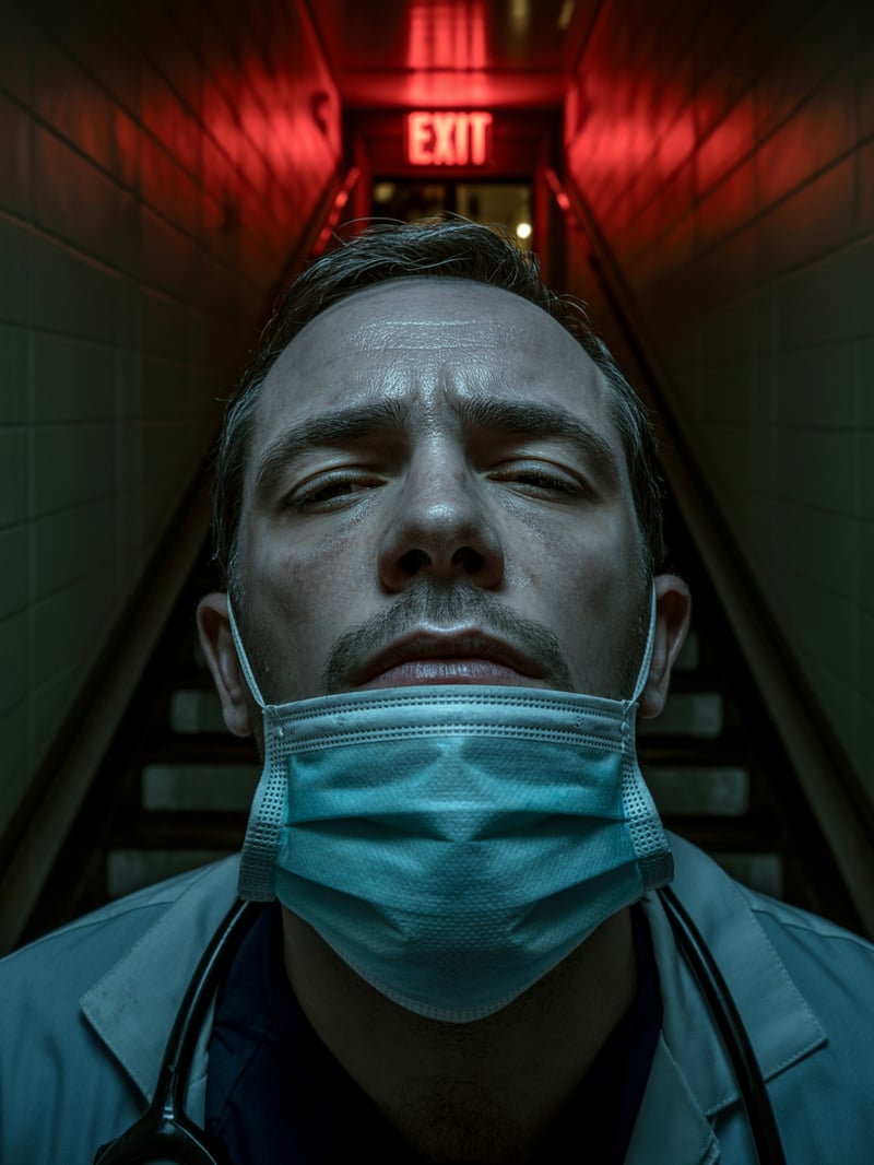 Tired Medical Worker in Stairwell