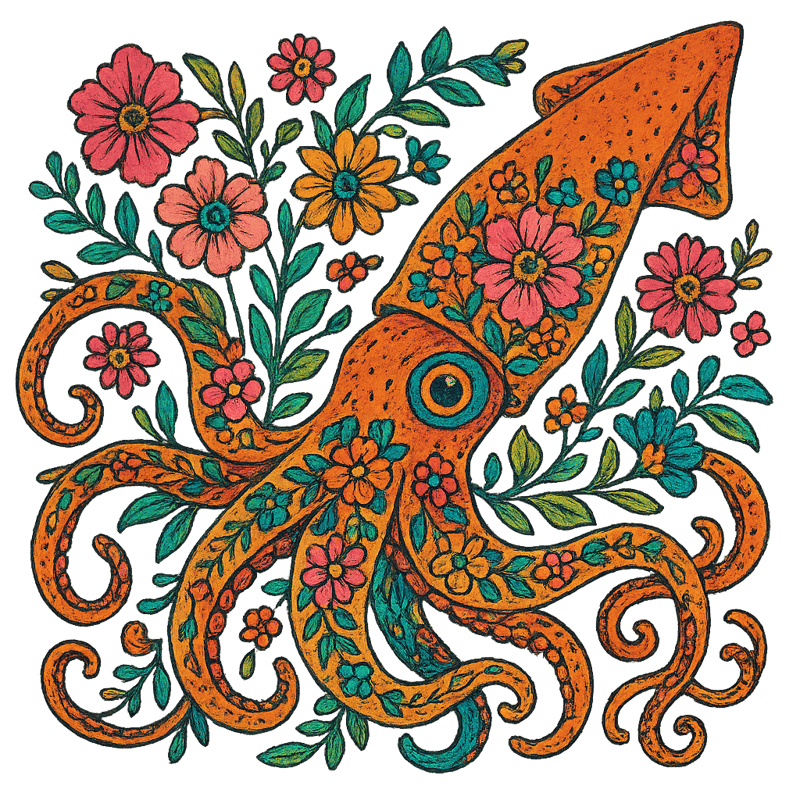 Boho Floral Giant Squid Illustration