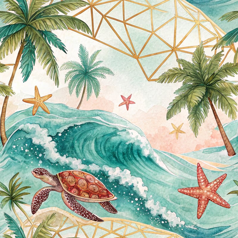 Watercolor Beach Design with Sea Turtle