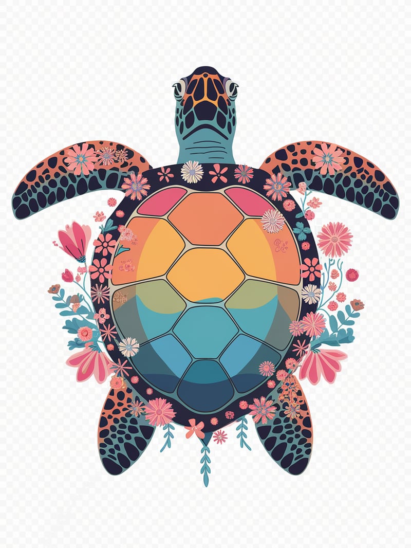 Colorful Boho Floral Sea Turtle Illustration