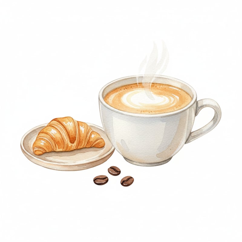 Watercolor Latte and Croissant Clipart