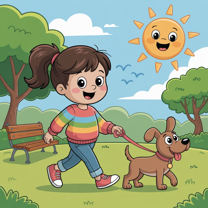 Cartoon Girl Walking Dog in Park