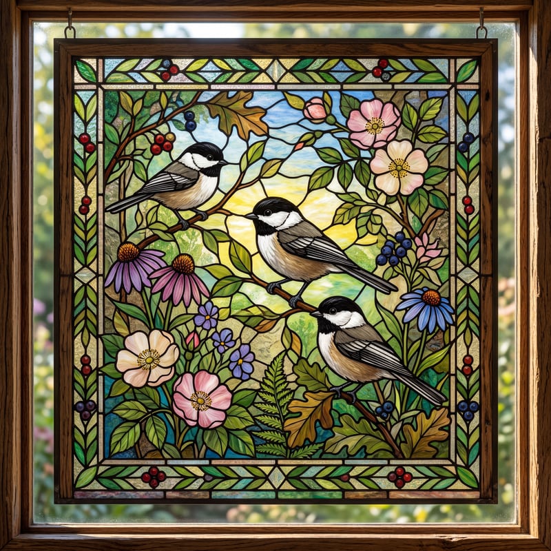 Stained Glass Chickadee Birds