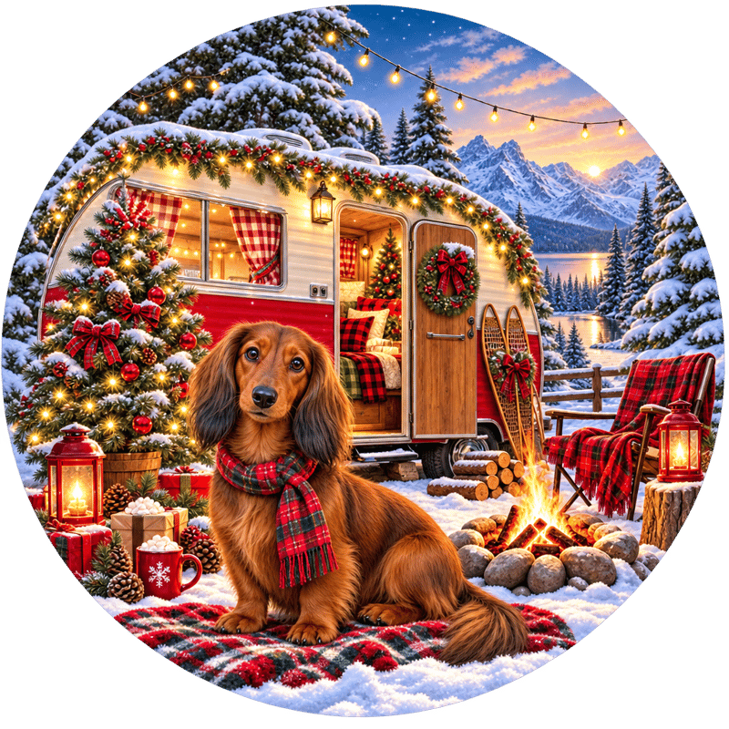 Longhaired Dachshund Christmas Camper