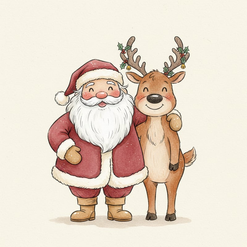 Santa and Reindeer Friendship Illustration