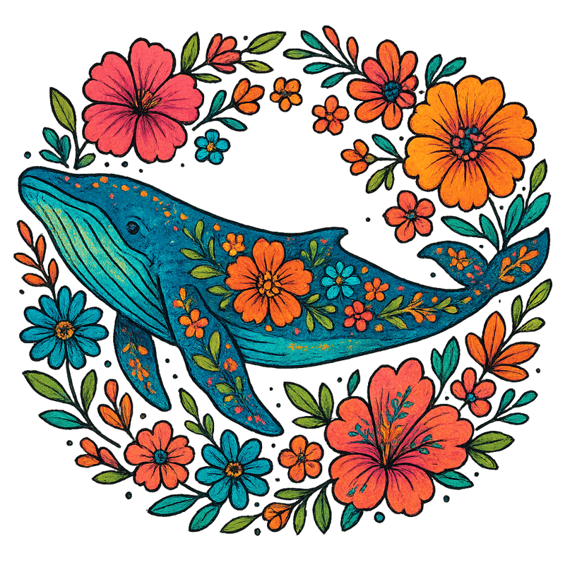 Boho Floral Humpback Whale Illustration