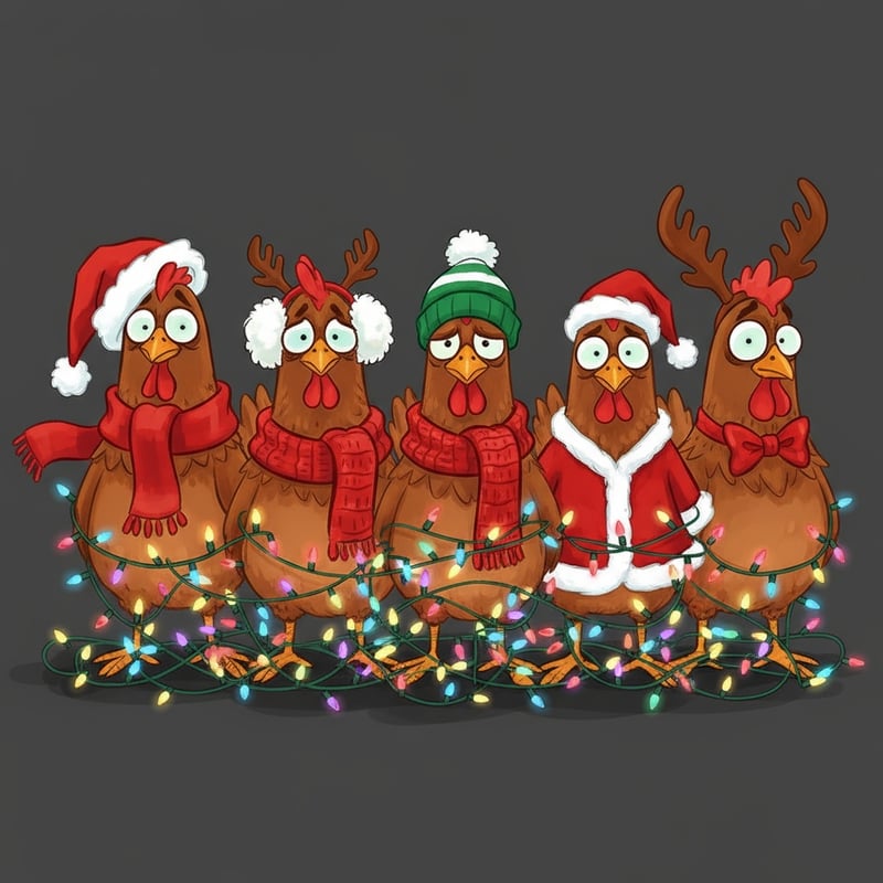 Whimsical Christmas Chickens Cartoon