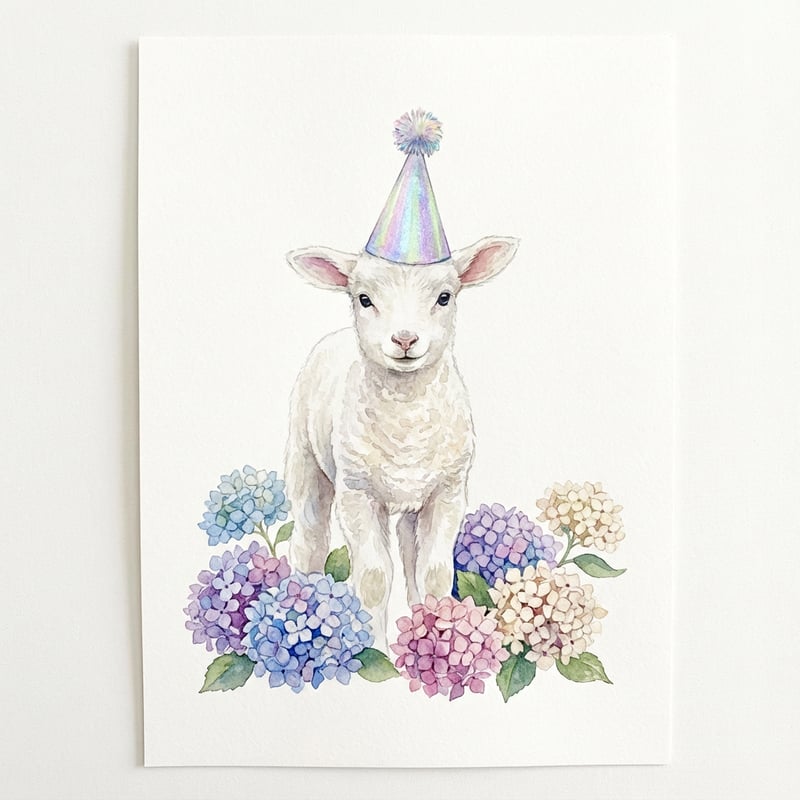 Watercolor Lamb with Party Hat