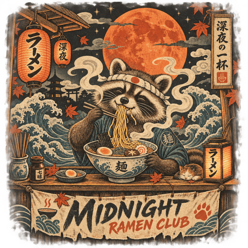 Vintage Midnight Ramen Raccoon