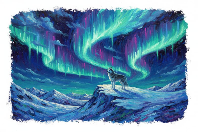 Husky on Neon Aurora Ridge