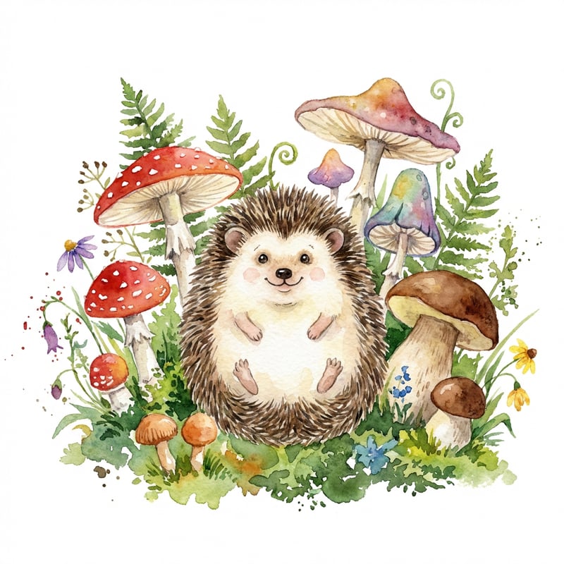 Watercolor Hedgehog with Mushrooms