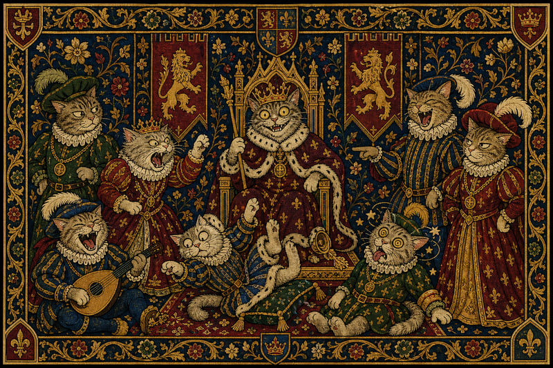 Medieval Royal Cat Court Tapestry