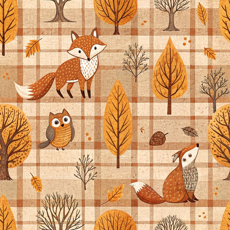 Seamless Autumn Plaid with Foxes and Owls