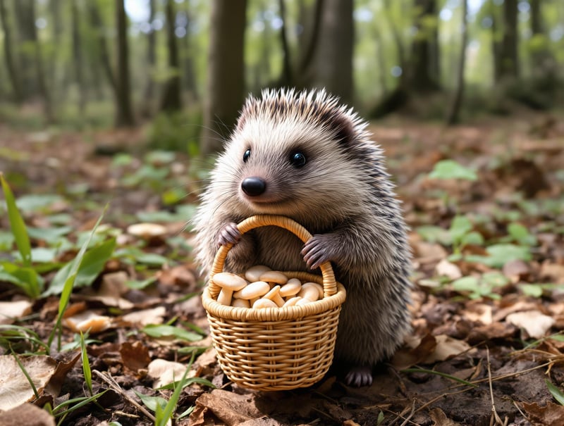 Hedgehog with Basket Gathering Mushrooms