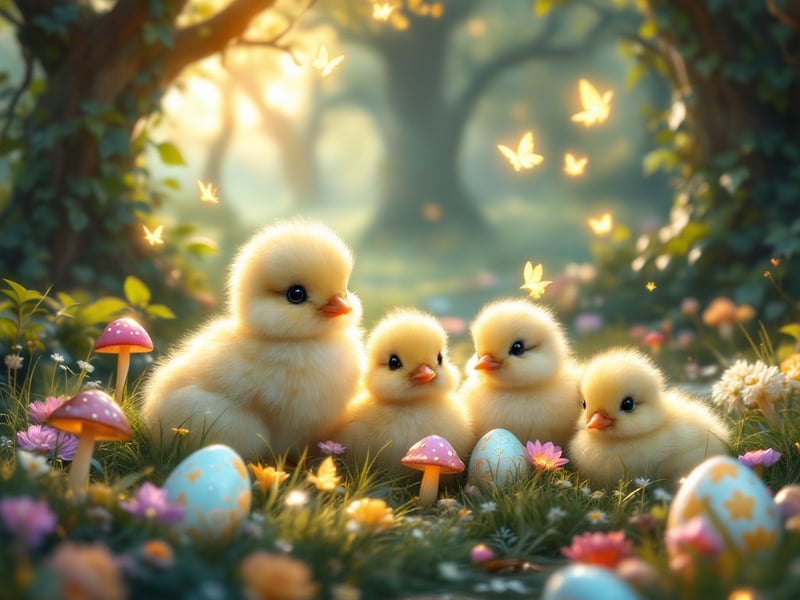 Fluffy Chicks and Rabbits in Glowing Forest