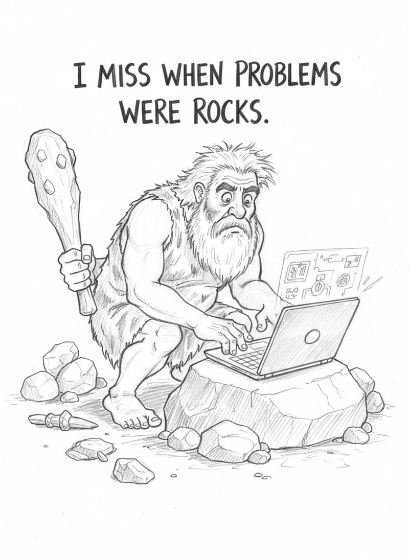 Caveman Confused by Modern Laptop Sketch