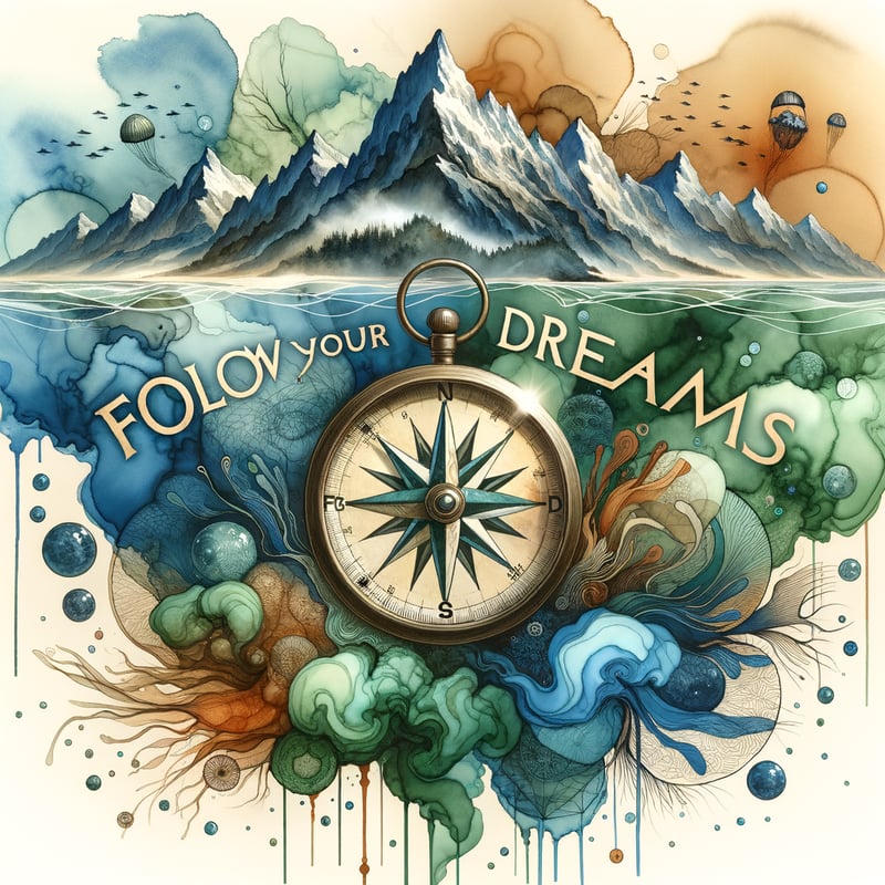 Watercolor Compass with Mountain and Fish