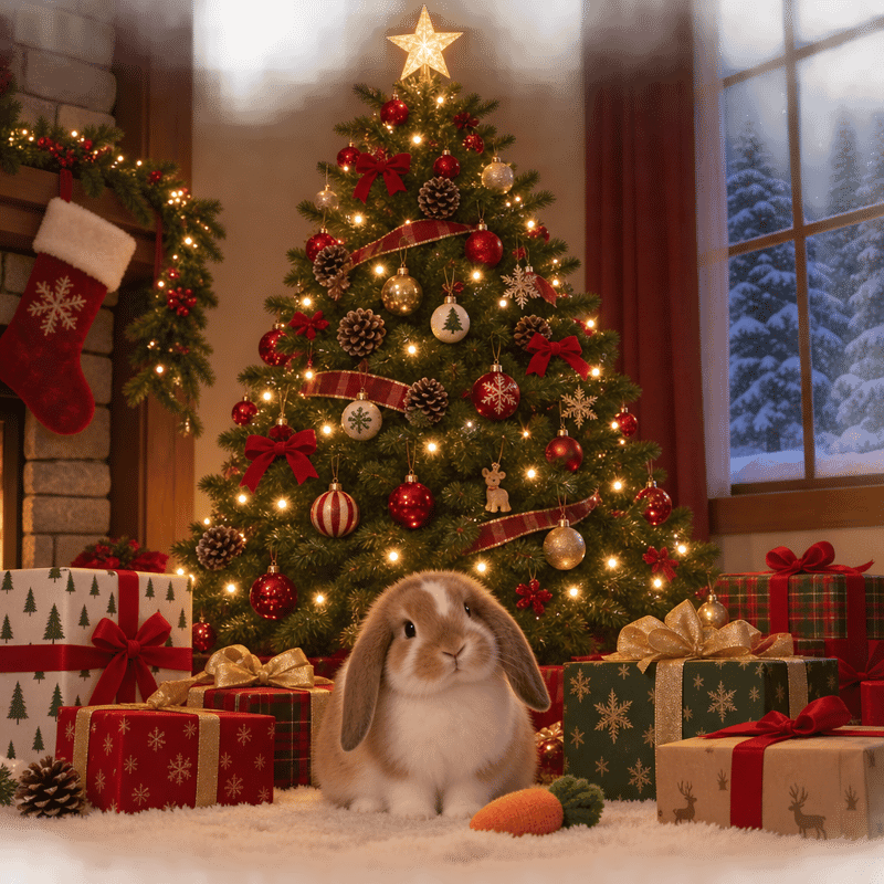 Bunny by Christmas Tree with Presents