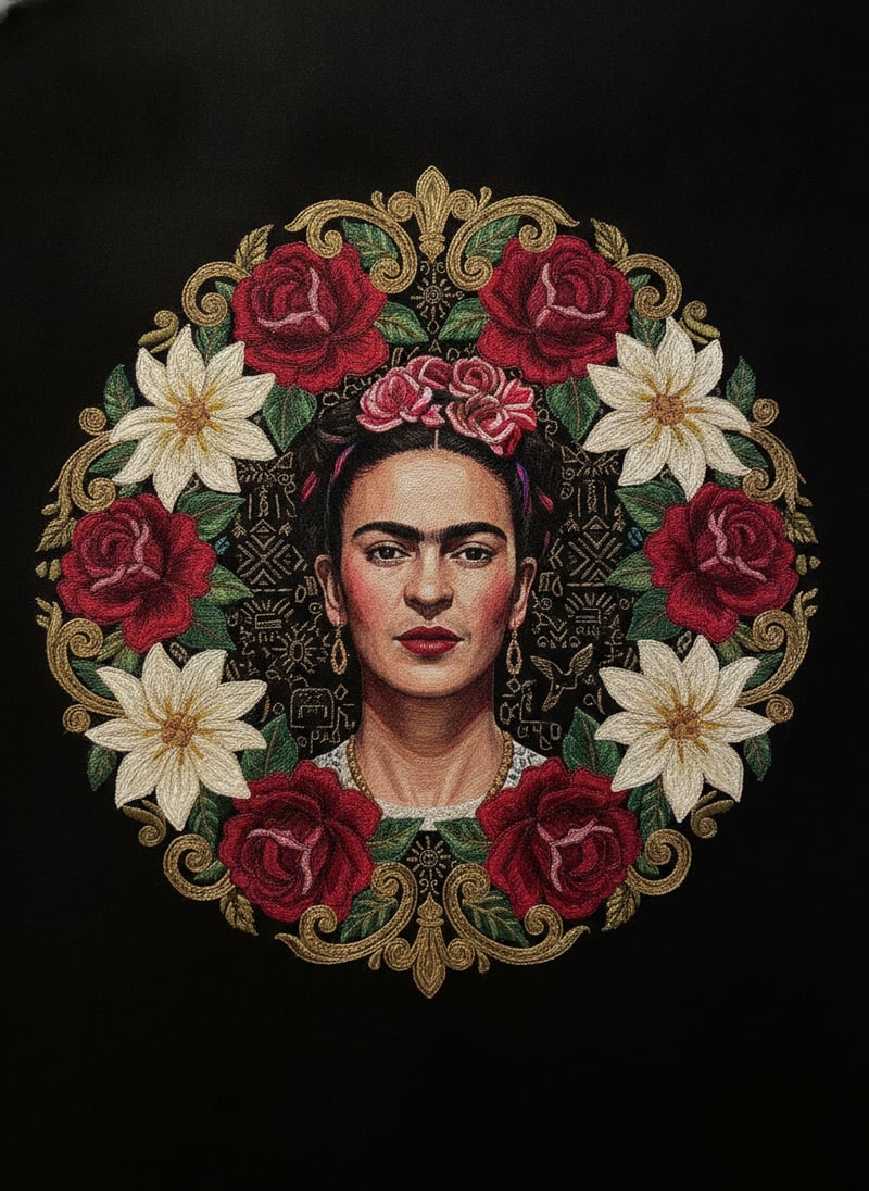 Embroidered Frida Kahlo with Floral Wreath