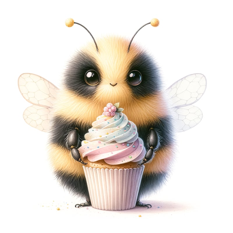 Whimsical Watercolor Bumblebee with Cupcake