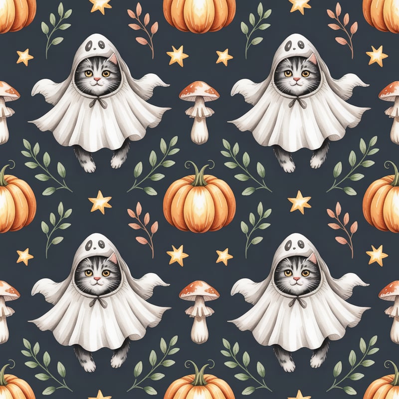 Watercolor Cats in Ghost Costumes Pattern