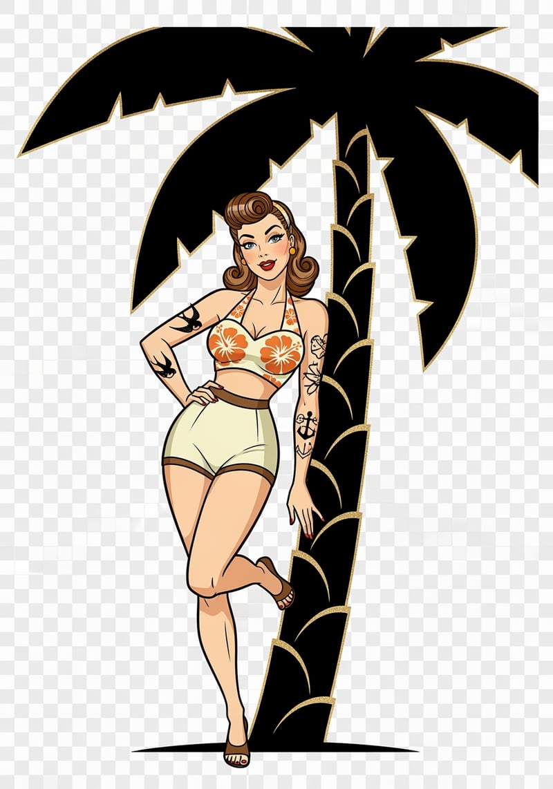 Tattooed Pinup with Palm Tree Silhouette