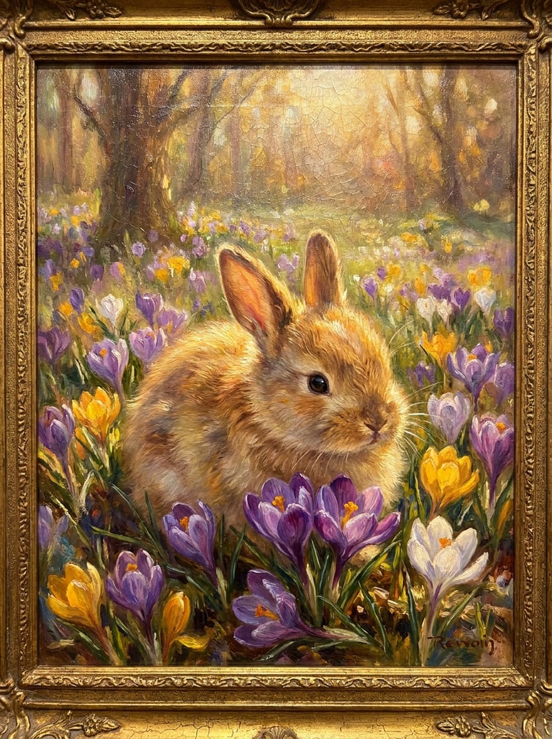 Vintage Oil Painting of Rabbit and Crocuses