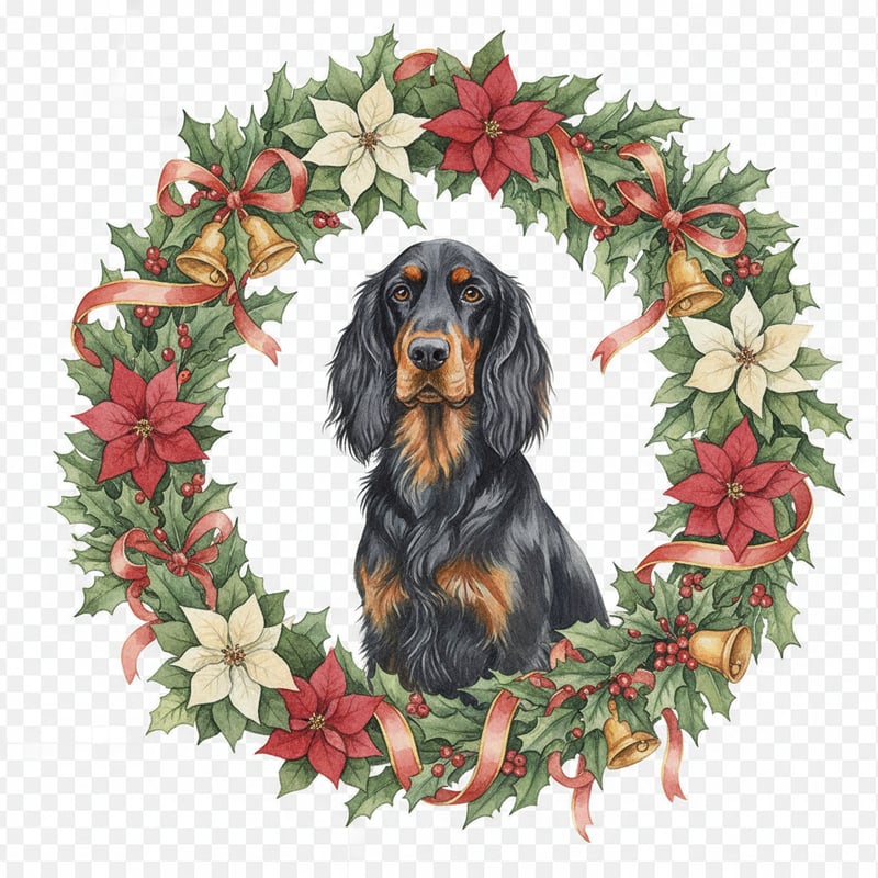 Watercolor Gordon Setter in Christmas Wreath